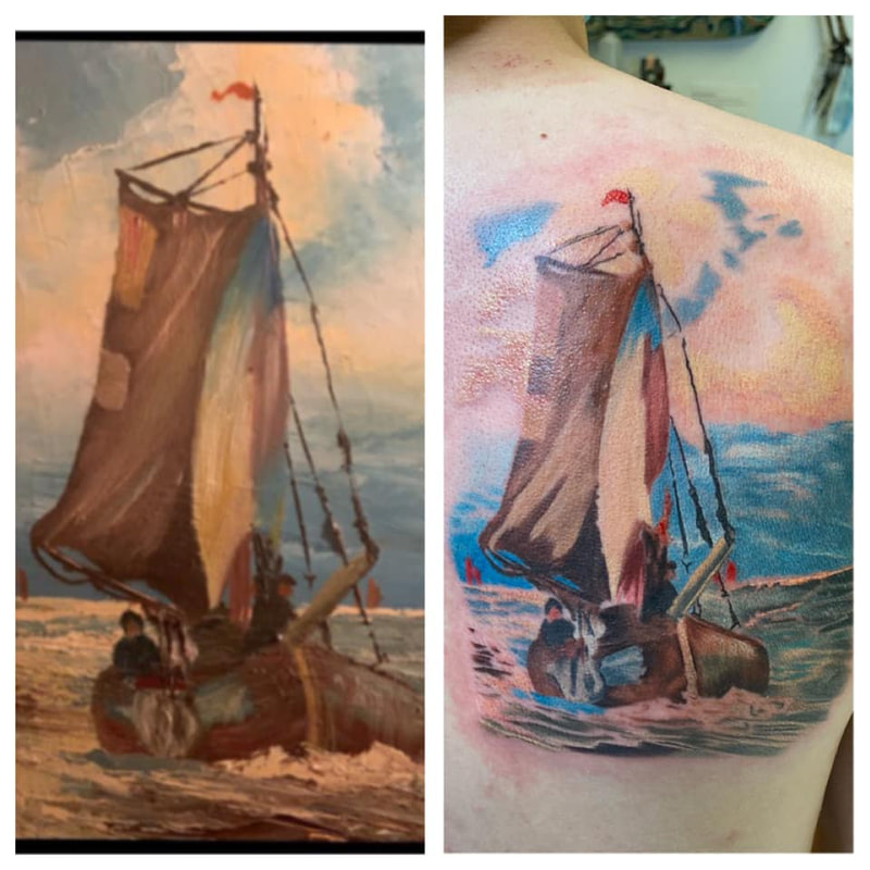 painting of a sail boat tattoo by mike Thompson hill