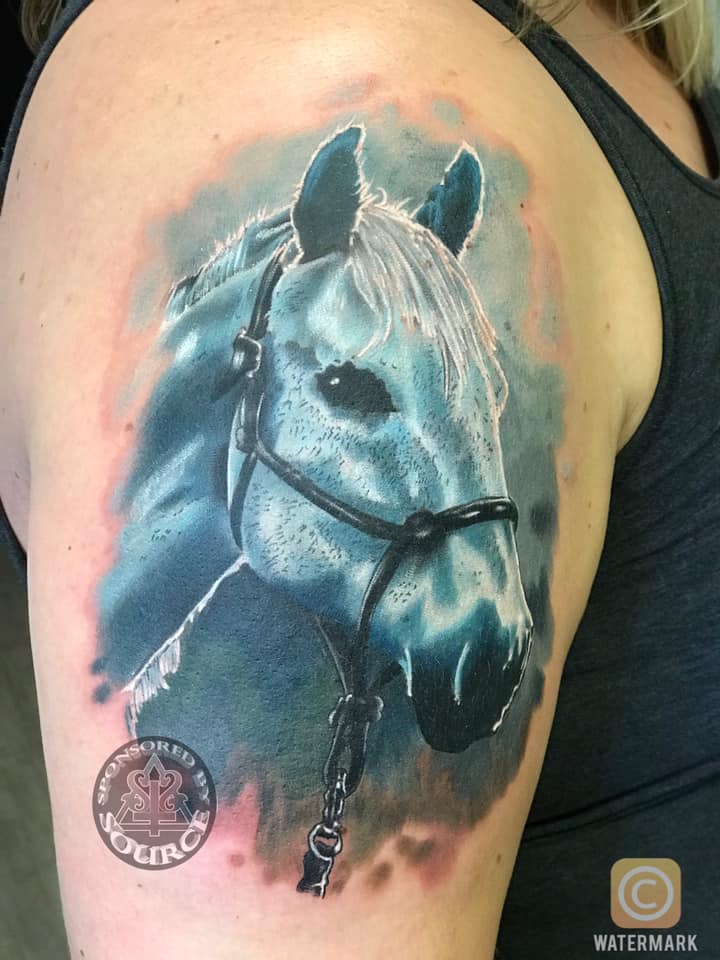 horse portrait tattoo by mike Thompson hill