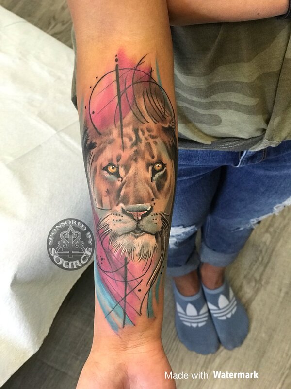 Lion Face tattoo by Mike Thompson Hill