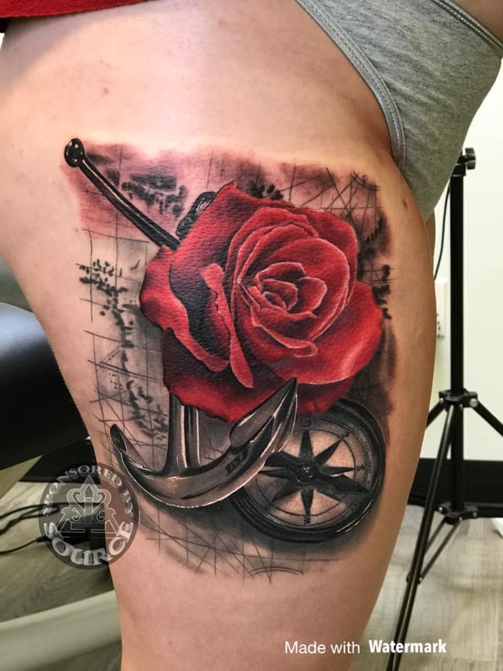 rose and anchor tattoo by Mike Thompson Hill